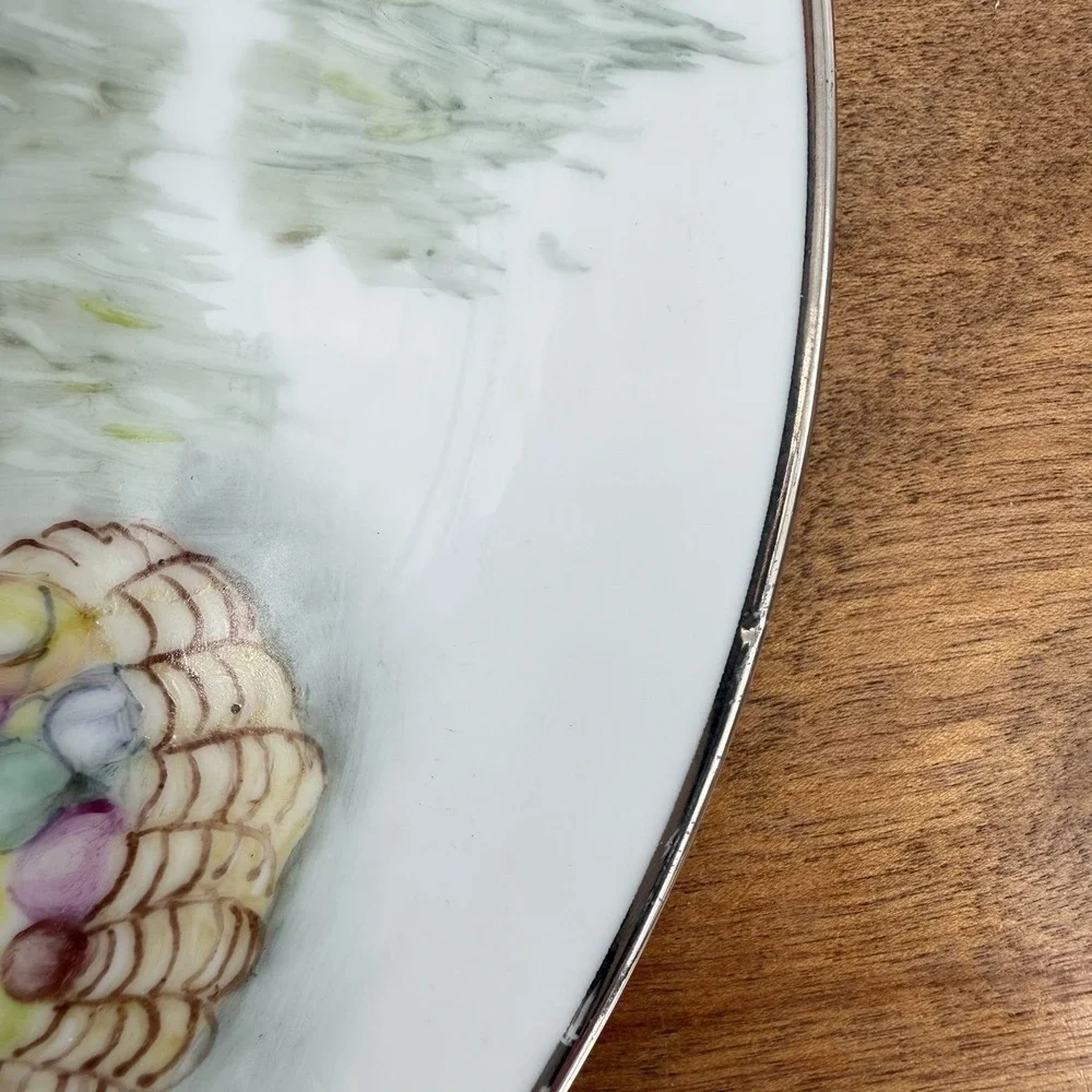 VTG Late 20 Century Easter Plate with Hand Painted Bunny Rabbit Eggs Silver Trim